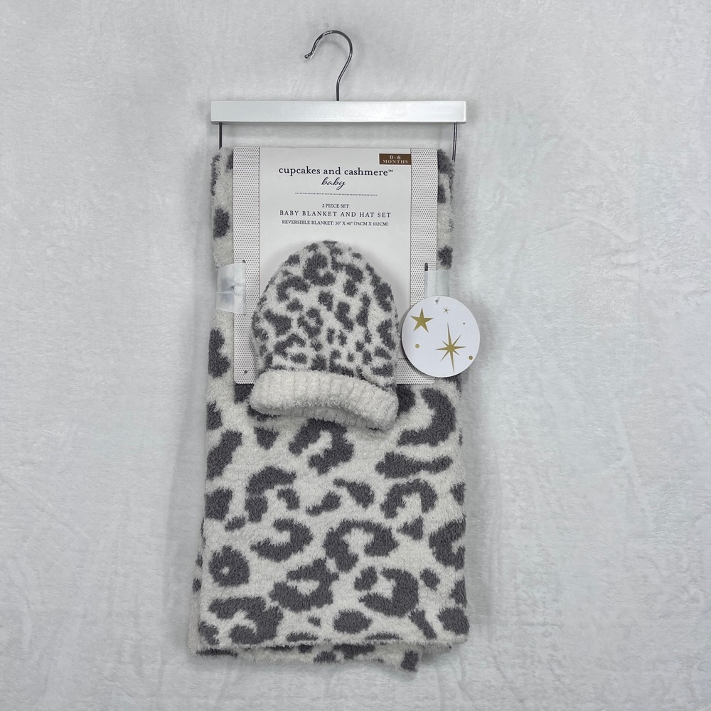 Cupcakes and Cashmere Baby Blanket Hat Set 0-6M Gray Leopard Reversible NWT